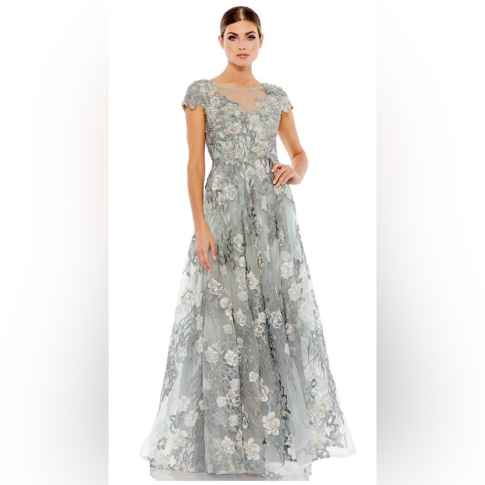 Mac Duggal Floral Embroidered Short Sleeve V-Line Rhinestone Accented Maxi Gown